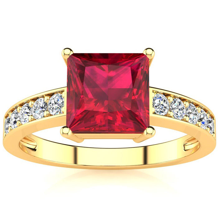 Square Step Cut 1 7/8 Carat Ruby & 10 Diamond Ring in 14K Yellow Gold (3.40 g), , Size 4 by SuperJeweler