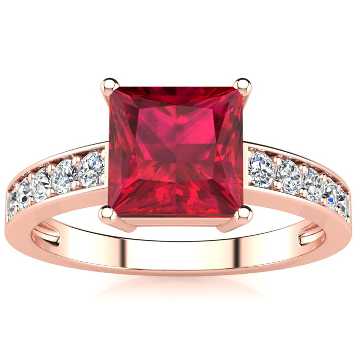 Square Step Cut 1 7/8 Carat Ruby & 10 Diamond Ring in 14K Rose Gold (3.40 g), , Size 4 by SuperJeweler