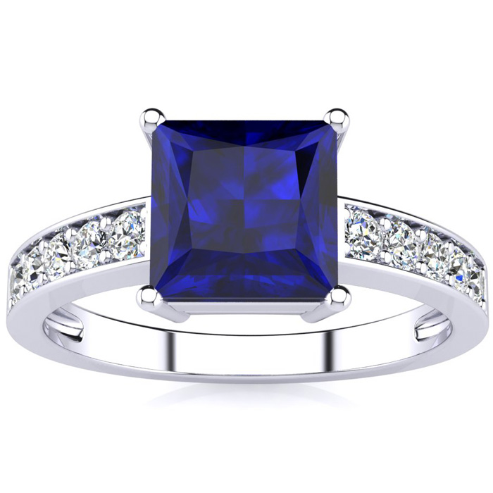 Square Step Cut 1 7/8 Carat Sapphire & 10 Diamond Ring In 14K White Gold (3.40 G), I-J, Size 4 By SuperJeweler