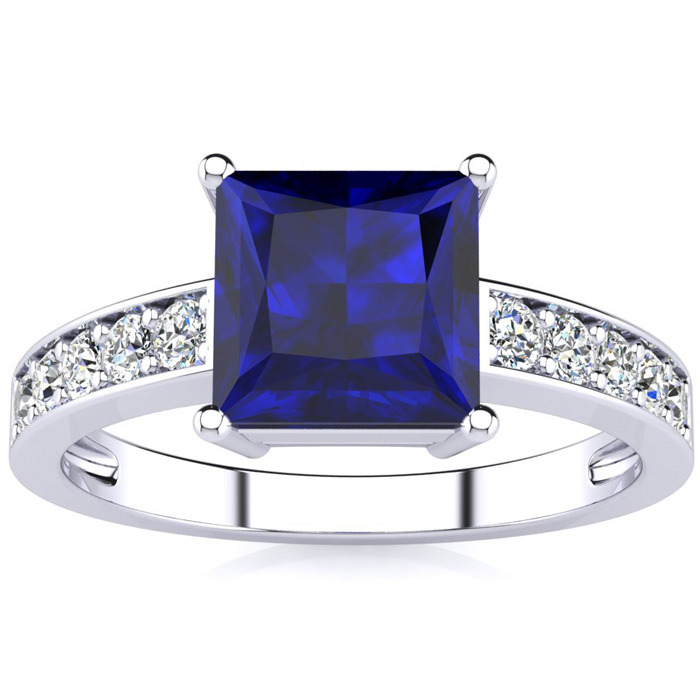 Square Step Cut 1 7/8 Carat Sapphire & 10 Diamond Ring in 14K White Gold (3.40 g), , Size 4 by SuperJeweler