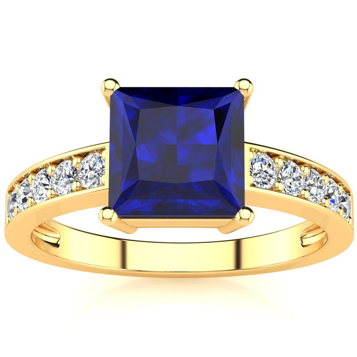 Square Step Cut 1 7/8 Carat Sapphire & 10 Diamond Ring In 14K Yellow Gold (3.40 G), I-J, Size 4 By SuperJeweler