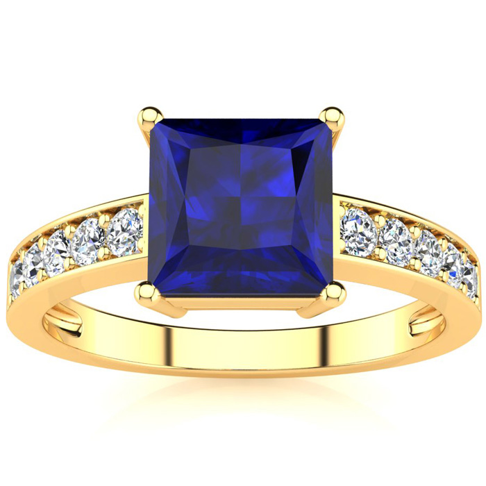 Square Step Cut 1 7/8 Carat Sapphire & 10 Diamond Ring in 14K Yellow Gold (3.40 g), , Size 4 by SuperJeweler