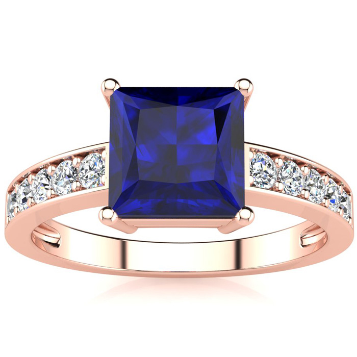 Square Step Cut 1 7/8 Carat Sapphire & 10 Diamond Ring In 14K Rose Gold (3.40 G), I-J, Size 4 By SuperJeweler