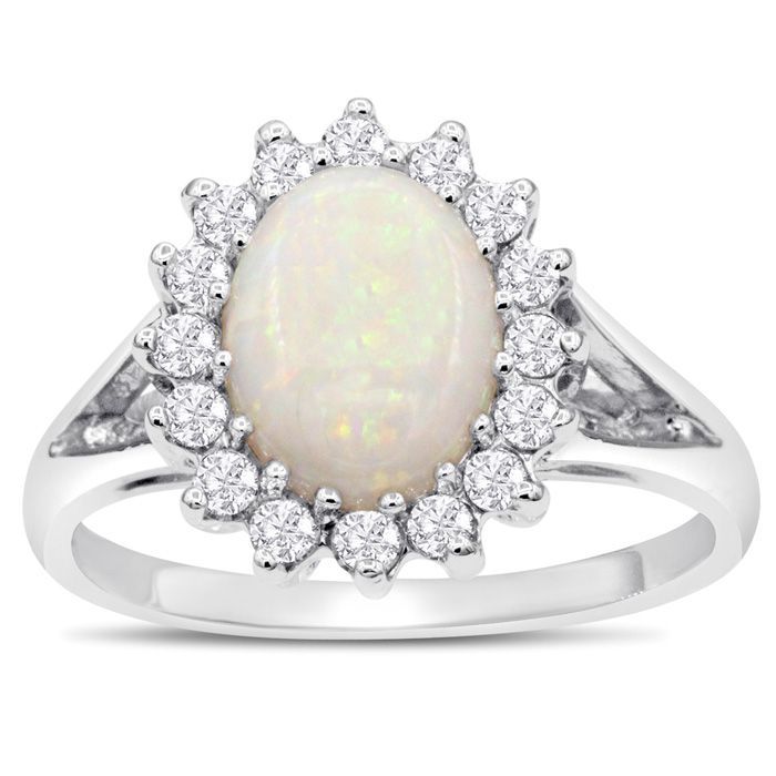 1.5 Carat Opal & Halo 16 Diamond Ring in 14K White Gold (3.60 g), , Size 4 by SuperJeweler