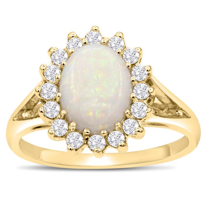 1.5 Carat Opal & Halo 16 Diamond Ring in 14K Yellow Gold (3.60 g), , Size 4 by SuperJeweler