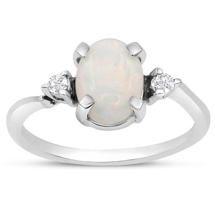 7/8 Carat Opal Ring & Two Diamonds In 14K White Gold (1.80 G), I-J, Size 4 By SuperJeweler