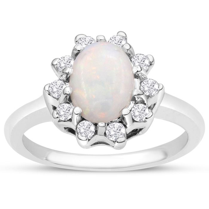 1 Carat Opal & Halo 10 Diamond Ring in 14K White Gold (3.40 g), , Size 4 by SuperJeweler