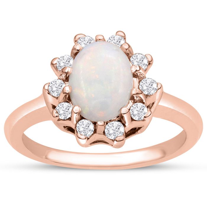 1 Carat Opal & Halo 10 Diamond Ring in 14K Rose Gold (3.40 g), , Size 4 by SuperJeweler