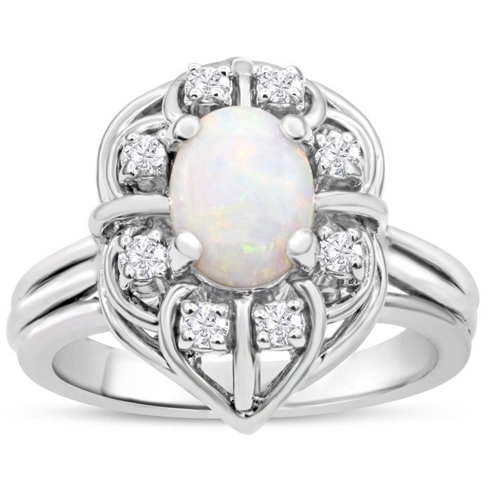 1 Carat Vintage Opal & Halo 8 Diamond Ring in 14K White Gold (5.90 g), , Size 4 by SuperJeweler