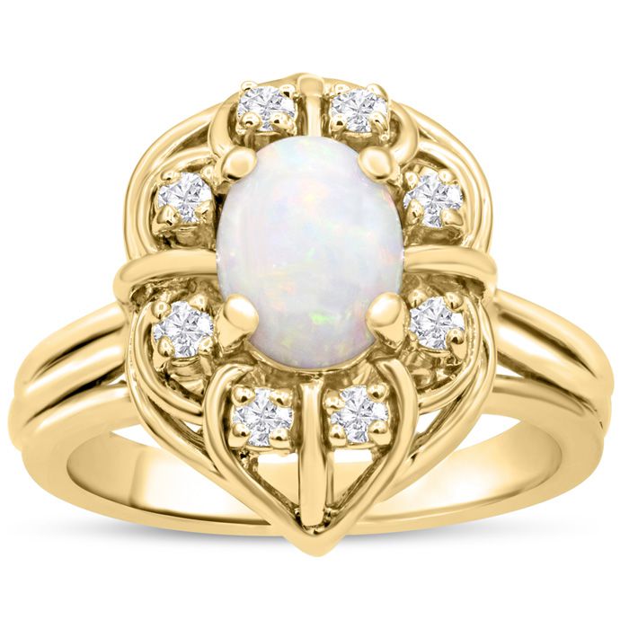 1 Carat Vintage Opal Ring & Halo Diamonds In 14K Yellow Gold (5.90 G), , Size 4 By SuperJeweler