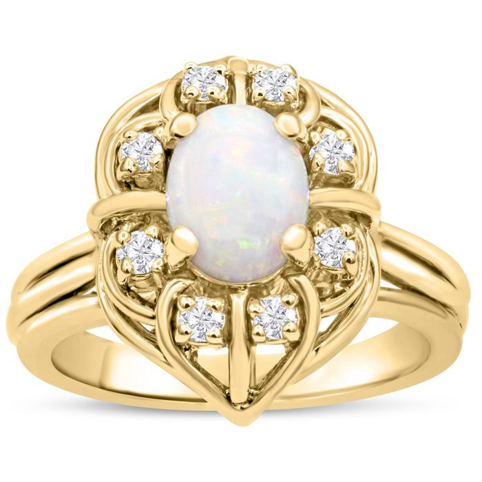 1 Carat Vintage Opal & Halo 8 Diamond Ring in 14K Yellow Gold (5.90 g), , Size 4 by SuperJeweler