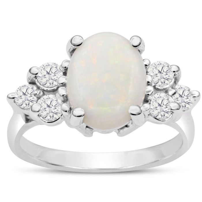 3 Carat Opal Ring W/ Six Diamonds In 14K White Gold (4.40 G), , Size 4 By SuperJeweler