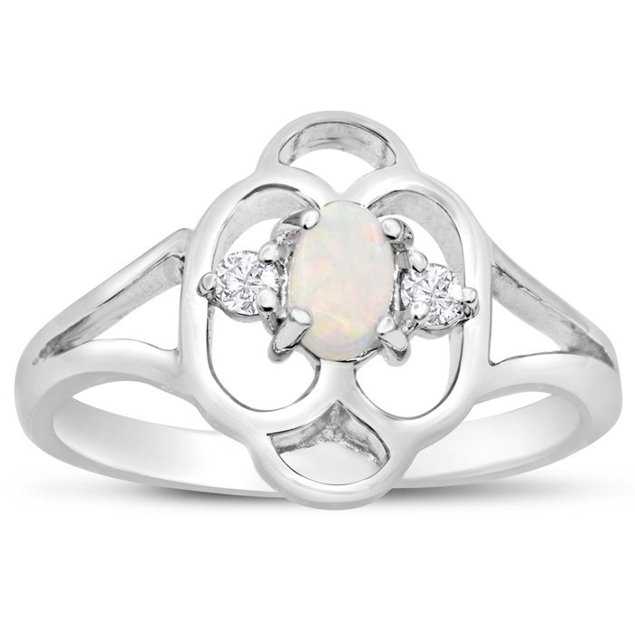 Vintage 1/4 Carat Opal & 2 Diamond Ring in 14K White Gold (2.80 g), , Size 4 by SuperJeweler