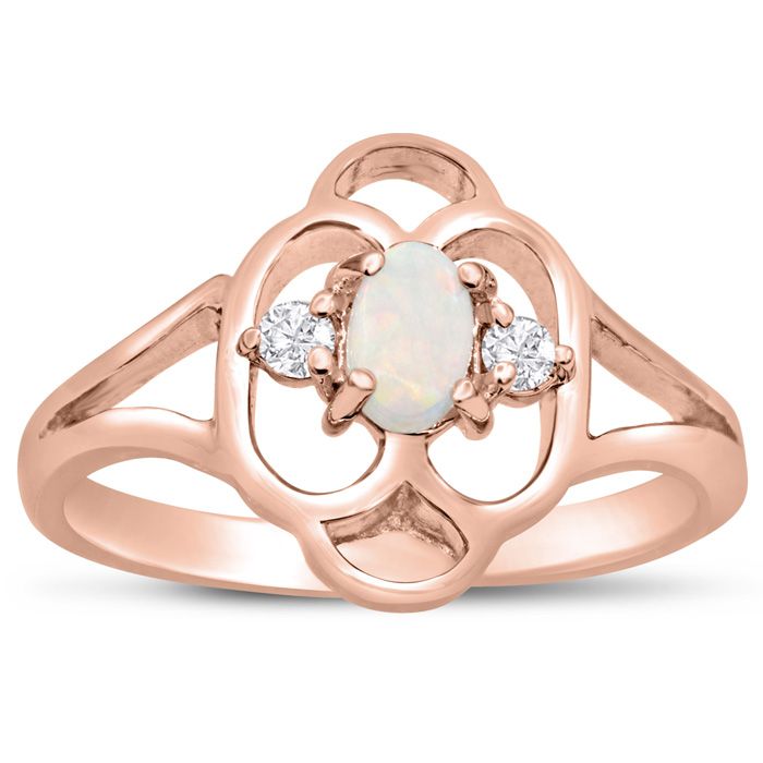 Vintage 1/4 Carat Opal & 2 Diamond Ring in 14K Rose Gold (2.80 g), , Size 4 by SuperJeweler