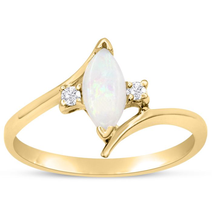 1/2 Carat Marquise Shape Opal & Two 2 Diamond Ring in 14K Yellow Gold (1.90 g), , Size 4 by SuperJeweler