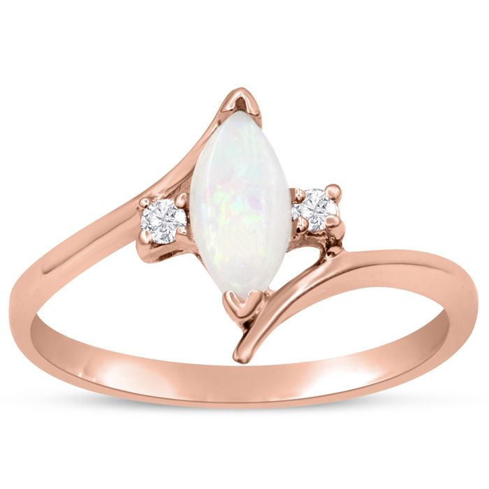 1/2 Carat Marquise Shape Opal & Two 2 Diamond Ring in 14K Rose Gold (1.90 g), , Size 4 by SuperJeweler