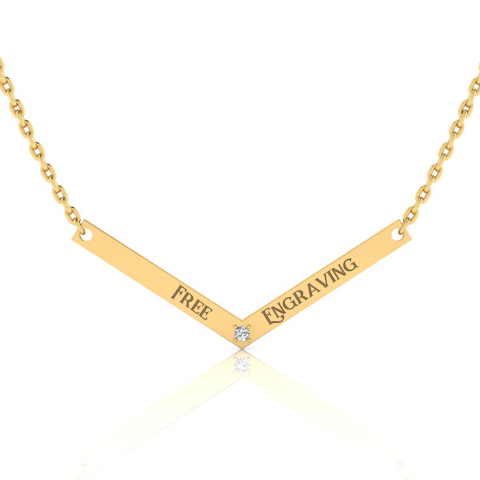 14K Yellow Gold (2.40 g) Over Sterling Silver Diamond V Bar Necklace w/ Free Custom Engraving, 18 Inches,  by SuperJeweler