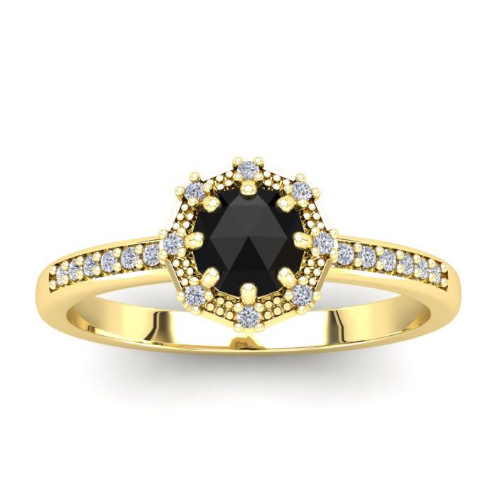 1/2 Carat Rose Cut Black & White Diamond Halo Ring in 14K Yellow Gold (2.60 g), Size 4 by SuperJeweler