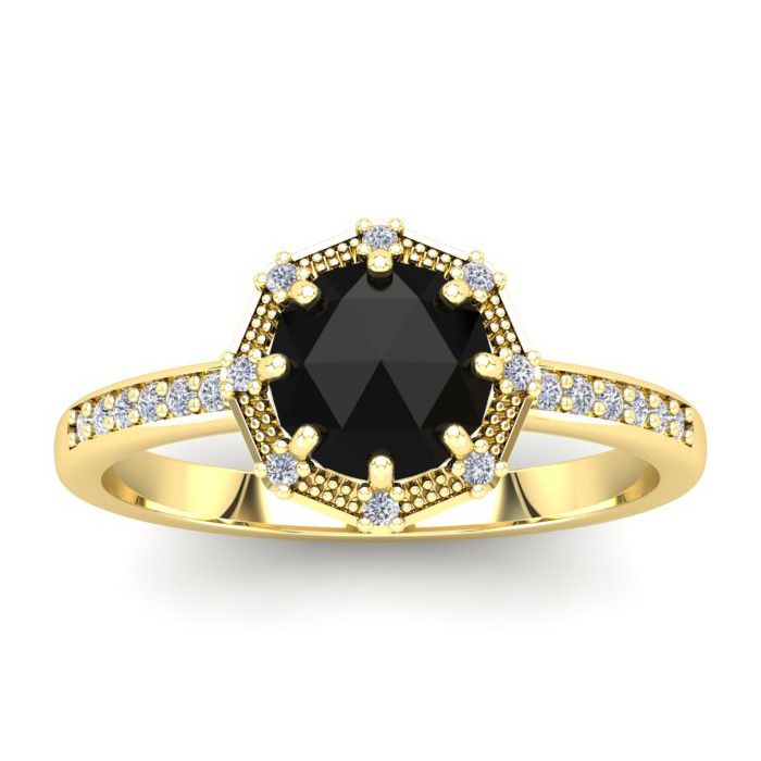 1 Carat Rose Cut Black & White Diamond Halo Ring in 14K Yellow Gold (2.85 g), Size 4 by SuperJeweler