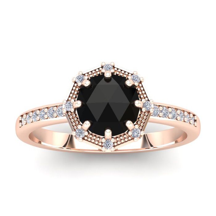 1 Carat Rose Cut Black & White Diamond Halo Ring in 14K Rose Gold (2.85 g), Size 4 by SuperJeweler