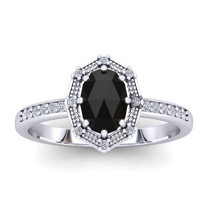 1 Carat Rose Cut Oval Black & White Diamond Halo Ring in 14K White Gold (2.82 g), Size 4 by SuperJeweler