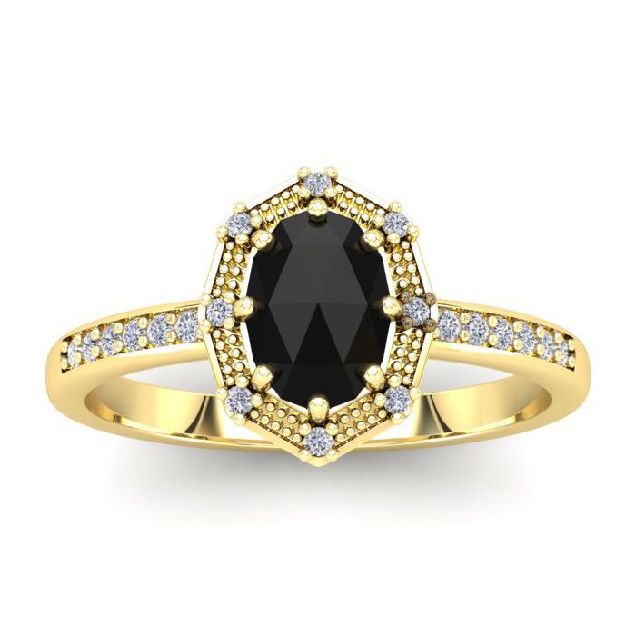 1 Carat Rose Cut Oval Black & White Diamond Halo Ring in 14K Yellow Gold (2.82 g), Size 4 by SuperJeweler