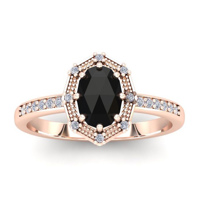 1 Carat Rose Cut Oval Black & White Diamond Halo Ring in 14K Rose Gold (2.82 g), Size 4 by SuperJeweler