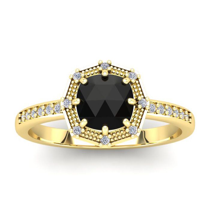 1 Carat Rose Cut Cushion Cut Black & White Diamond Halo Ring in 14K Yellow Gold (2.82 g), Size 4 by SuperJeweler