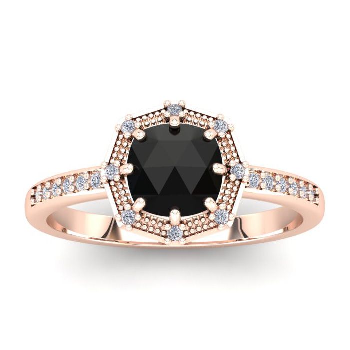 1 Carat Rose Cut Cushion Cut Black & White Diamond Halo Ring in 14K Rose Gold (2.82 g), Size 4 by SuperJeweler