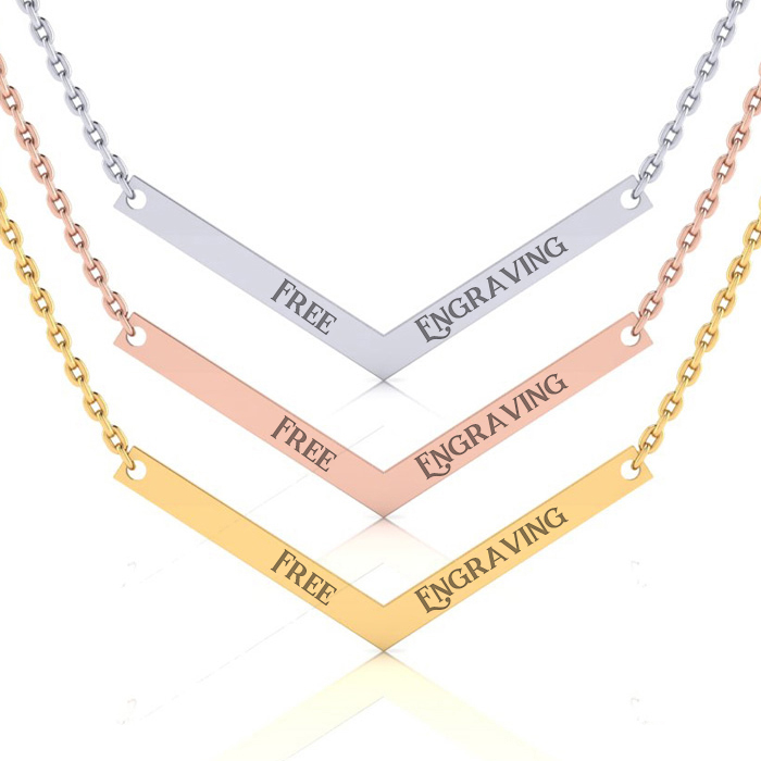 Sterling Silver V Bar Necklace w/ Free Custom Engraving Available in Silver, Yellow & Rose, 18 Inch Chain by SuperJeweler