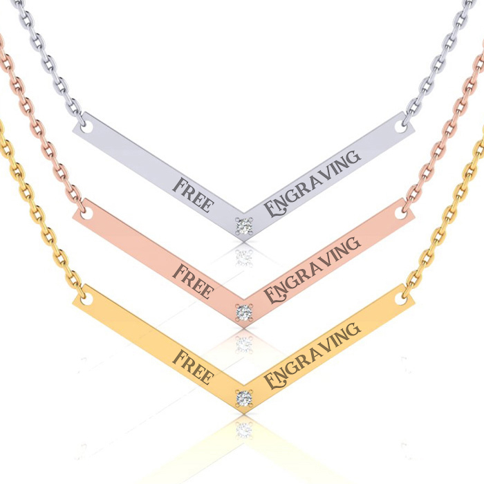 Sterling Silver Diamond V Bar Necklace w/ Free Custom Engraving Available in Silver, Yellow & Rose, , 18 Inch Chain by SuperJeweler