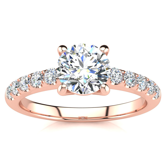 1 1/3 Carat Traditional Diamond Engagement Ring w/ 1 Carat Center Round Solitaire in 14K Rose Gold (4.5 g) (, I1-I2 Clarity Enhanced), Size 4 by