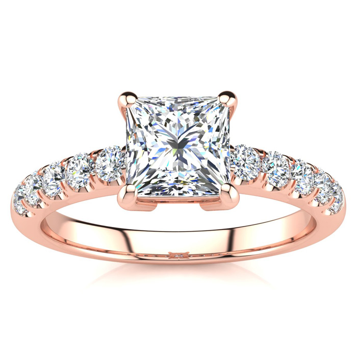 1 1/3 Carat Traditional Diamond Engagement Ring w/ 1 Carat Center Princess Cut Solitaire in 14K Rose Gold (4.5 g) (, I1-I2 Clarity Enhanced), Size 4