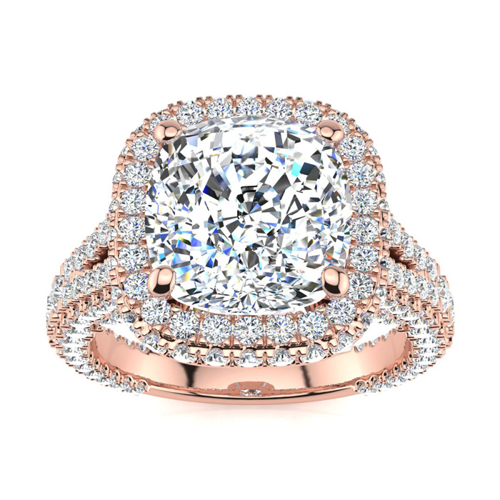 6 Carat Cushion Cut Halo Diamond Engagement Ring in 14K Rose Gold