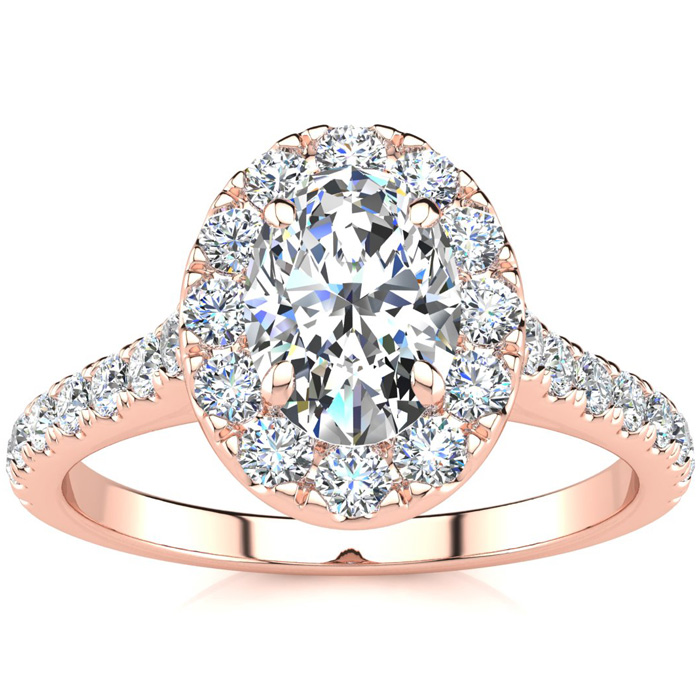 1.5 Carat Oval Shape Halo Diamond Engagement Ring In 14k Rose Gold (4.50 G) (H-I, SI2-I1) By SuperJeweler