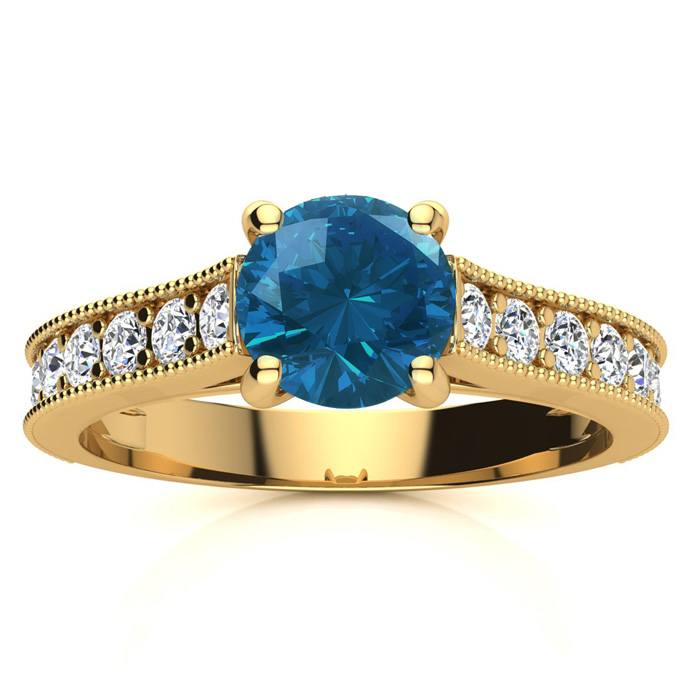 1.5 Carat Diamond Engagement Ring W/ 1 Carat Blue Diamond Center In 14K Yellow Gold (3.7 G) By SuperJeweler