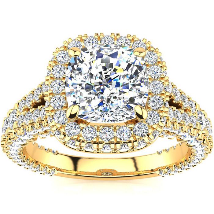 3 1/2 Carat Cushion Cut Halo Diamond Engagement Ring in 14K Yello