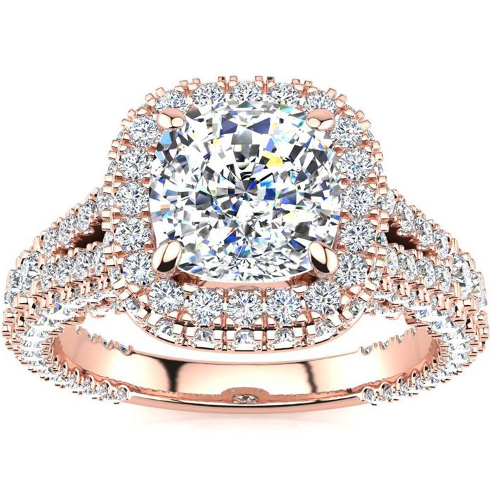 3 1/2 Carat Cushion Cut Halo Diamond Engagement Ring in 14K Rose Gold (7 g) (  I1-I2 Clarity Enhanced)  Size 8 by SuperJeweler