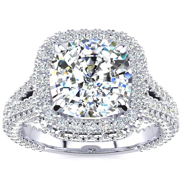 4 1/2 Carat Cushion Cut Halo Diamond Engagement Ring in 14K White