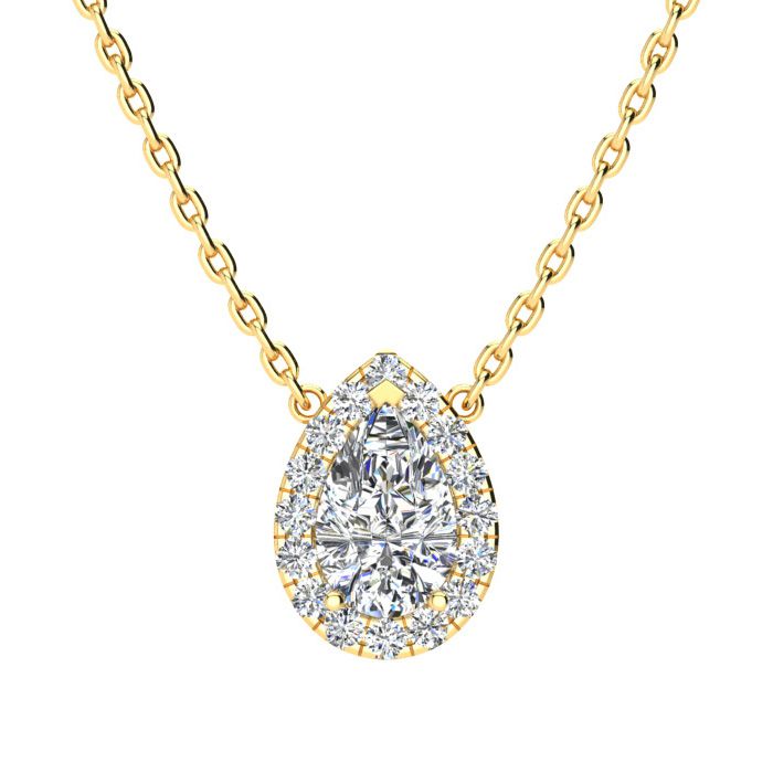 1/2 Carat Pear Shape Halo Diamond Necklace In 14K Yellow Gold (2.62 G), G/H Color, 17 Inch Chain By SuperJeweler