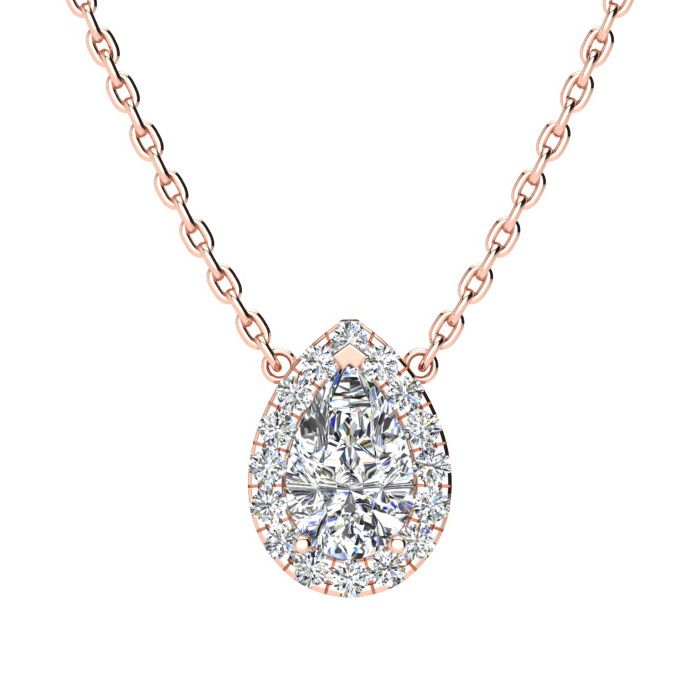 1/2 Carat Pear Shape Halo Diamond Necklace in 14K Rose Gold (2.62 g), G/H Color, 17 Inch Chain by SuperJeweler