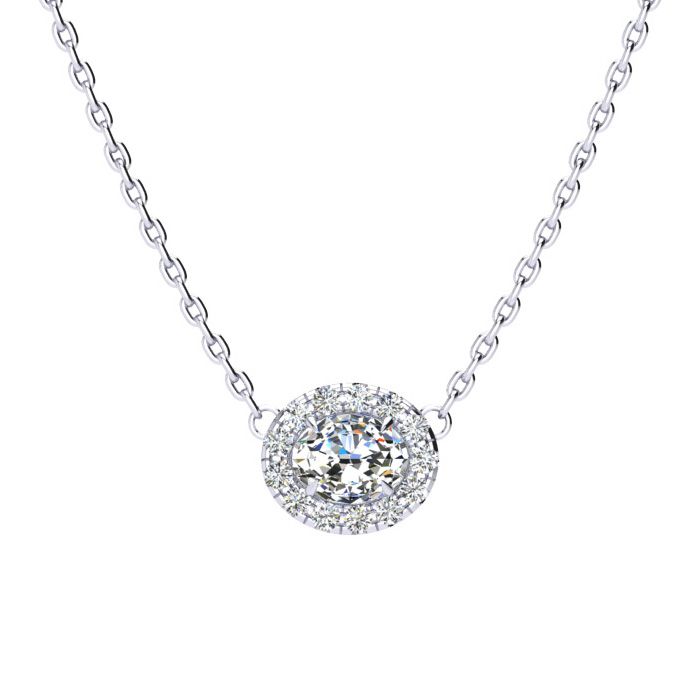 1/4 Carat Oval Shape Halo Diamond Necklace In 14K White Gold (2.62 G), G/H Color, 17 Inch Chain By SuperJeweler