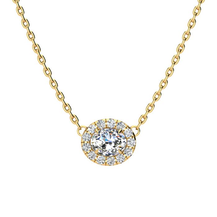 1/4 Carat Oval Shape Halo Diamond Necklace In 14K Yellow Gold (2.62 G), G/H Color, 17 Inch Chain By SuperJeweler