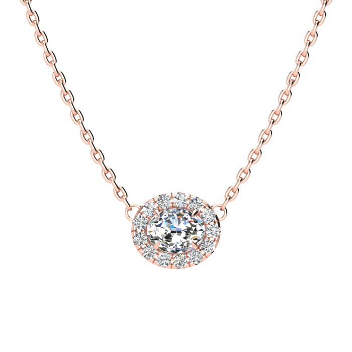 1/4 Carat Oval Shape Halo Diamond Necklace In 14K Rose Gold (2.62 G), G/H Color, 17 Inch Chain By SuperJeweler