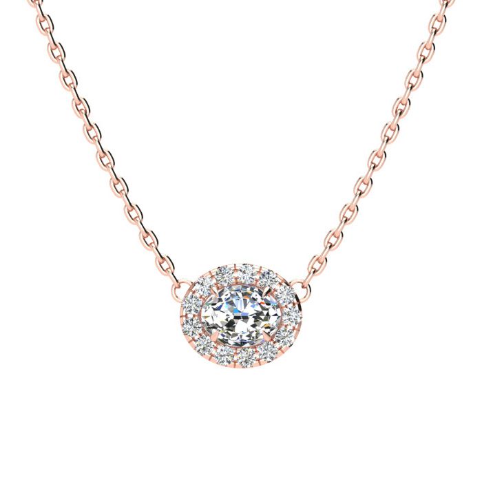 1/4 Carat Oval Shape Halo Diamond Necklace in 14K Rose Gold (2.62 g), G/H Color, 17 Inch Chain by SuperJeweler