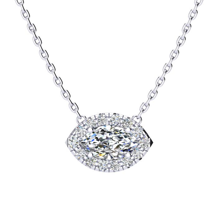 1/2 Carat Marquise Shape Halo Diamond Necklace In 14K White Gold (2.62 G), G/H Color, 17 Inch Chain By SuperJeweler