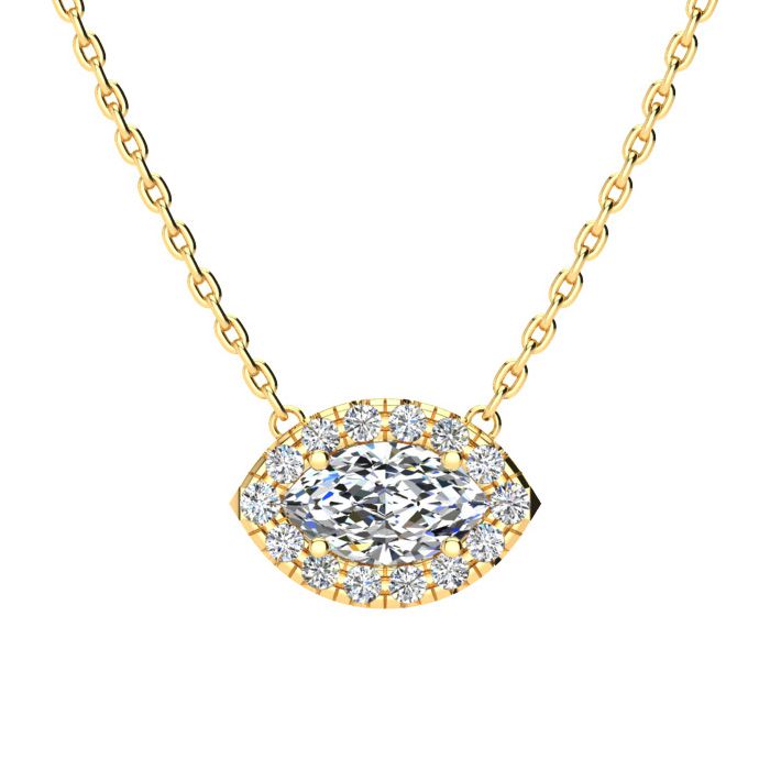 1/2 Carat Marquise Shape Halo Diamond Necklace In 14K Yellow Gold (2.62 G), G/H Color, 17 Inch Chain By SuperJeweler