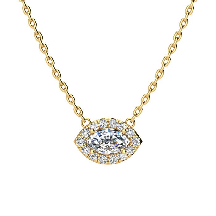 1/3 Carat Marquise Shape Halo Diamond Necklace In 14K Yellow Gold (2.62 G), G/H Color, 17 Inch Chain By SuperJeweler