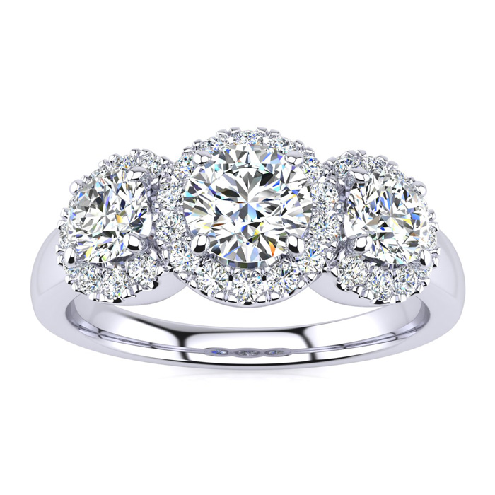 1 Carat Round Shape Halo Diamond Three Stone Ring In 14K White Gold (5.20 G), G-H Color By SuperJeweler