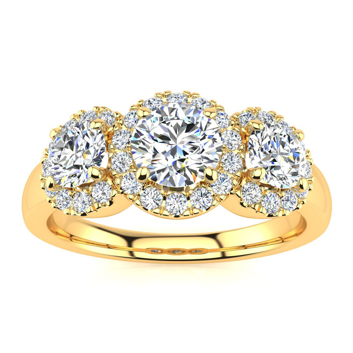 1 Carat Round Shape Halo Diamond Three Stone Ring in 14K Yellow Gold (5.20 g), G-H Color, Size 4 by SuperJeweler